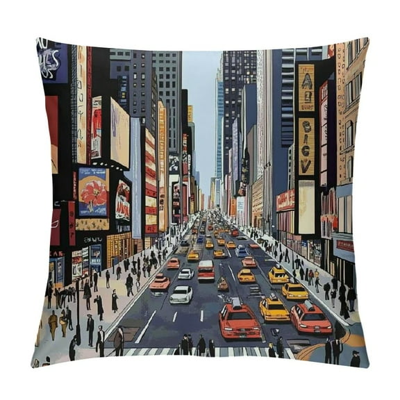 Heduofu Colorful New York Downtown Illustration NYC Comic Style Decorative Square Accent Pillow Case