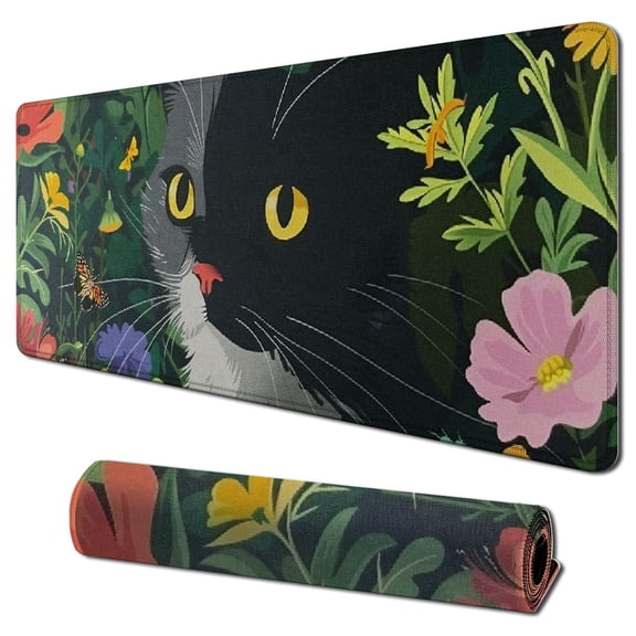 Heduofu Cute Black Cat in Flower Mouse Mat - Funny Cat Gifts for Pet Lover, Cat Owner - Computer Mouse Pads for Cat Lovers - Mom Gifts Mousepad 31.5x11.8 in