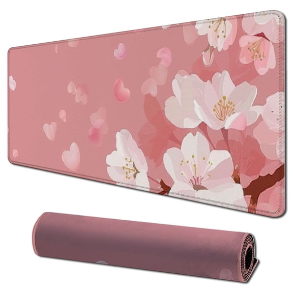 Heduofu Cute Pink Mouse Pad, Floral Flowers Mouse Pad, Sakura Cherry Blossom Mousepad, Japanese Aesthetic Desk Decor, Anti Slip Rubber Base Mice pad for Computer Office Girl 31.5x11.8 in