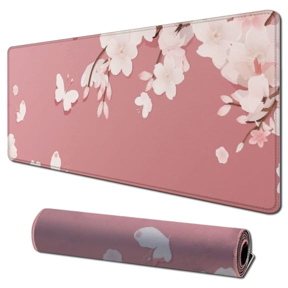 Heduofu Cute Pink Mouse Pad, Floral Flowers Mouse Pad, Sakura Cherry Blossom Mousepad, Japanese Aesthetic Desk Decor, Anti Slip Rubber Base Mice pad for Computer Office Girl 31.5x11.8 in