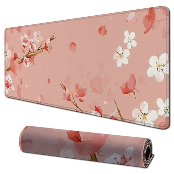 Heduofu Cute Pink Mouse Pad, Floral Flowers Mouse Pad, Sakura Cherry Blossom Mousepad, Japanese Aesthetic Desk Decor, Anti Slip Rubber Base Mice pad for Computer Office Girl 31.5x11.8 in