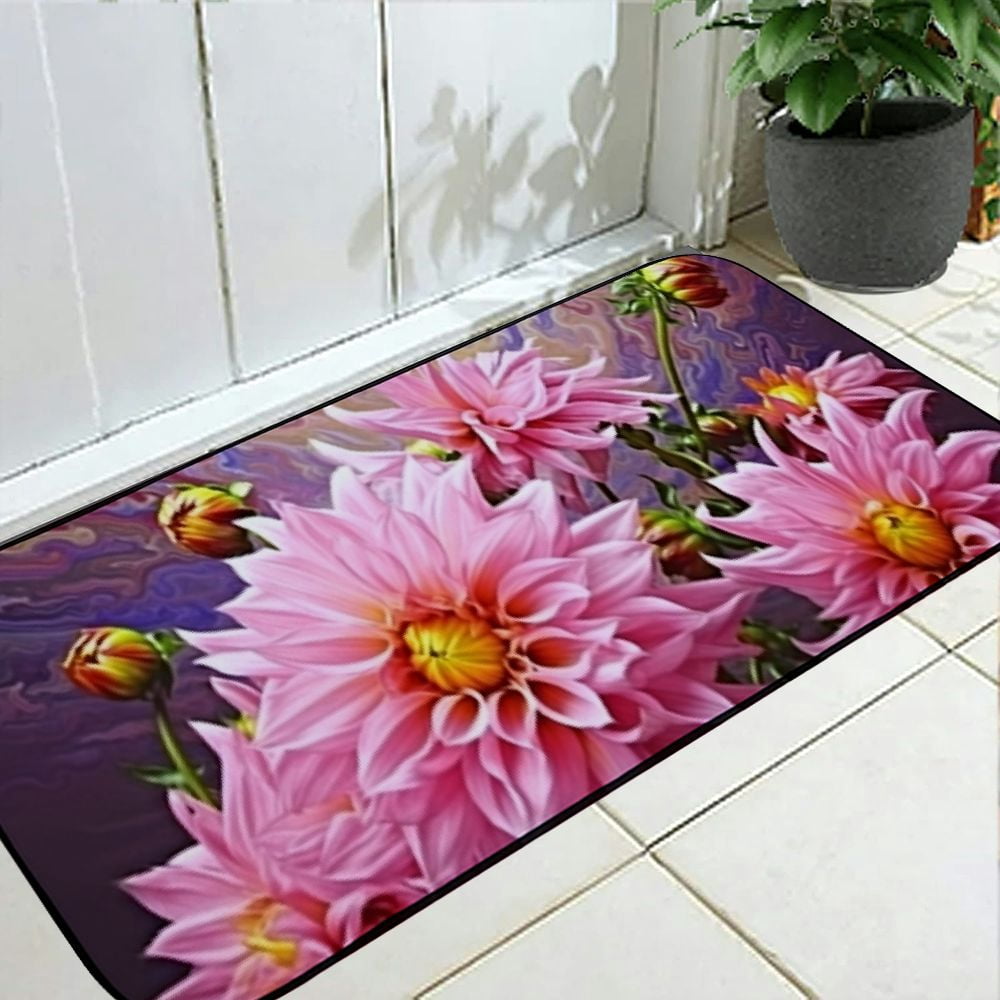 Heduofu Decorative Door Mat, Door Mat with Non-Slip Rubber Backing, Easy Cleaning, Traps Dirt, for Entry, Patio, Garage- Dahlias Autumn Pink Purple Pink Flower 19.68*47.24 in