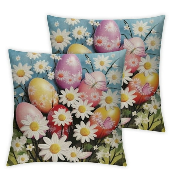 Heduofu Easter Pillow Covers , Spring Pillow Covers Set of 2, Happy Easter Eggs Tree Bunny Rabbit Flower Decorative Throw Pillow Cushion Case Square for Sofa Couch Bed Office Car Home Decor White