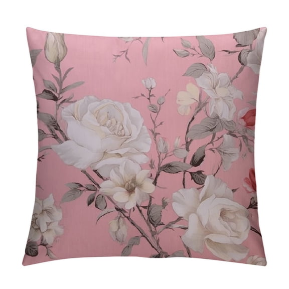 Heduofu Floral Farmhouse Oblong Rectangle Throw Pillow Case Flowers And Leaves Pink Watercolor Floral Bolossom Flower Rose Spring Cotton Linen Cushion Cover Sofa Armchair Bedroom Livingroom White
