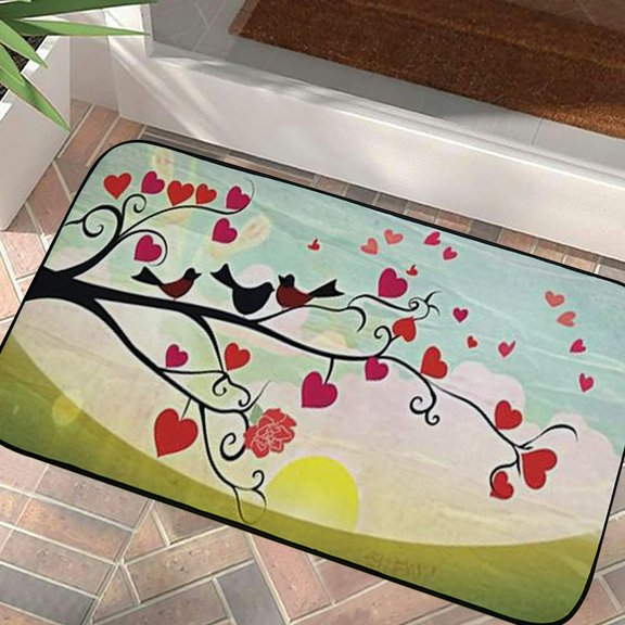 Heduofu Flower Landscapes Doormat, Romantic Birds Humming on a Tree Branch with Flowers Print, Decorative Floor Mat with Non-Skid Backing, Green Multi-color 19.68*39.37 in