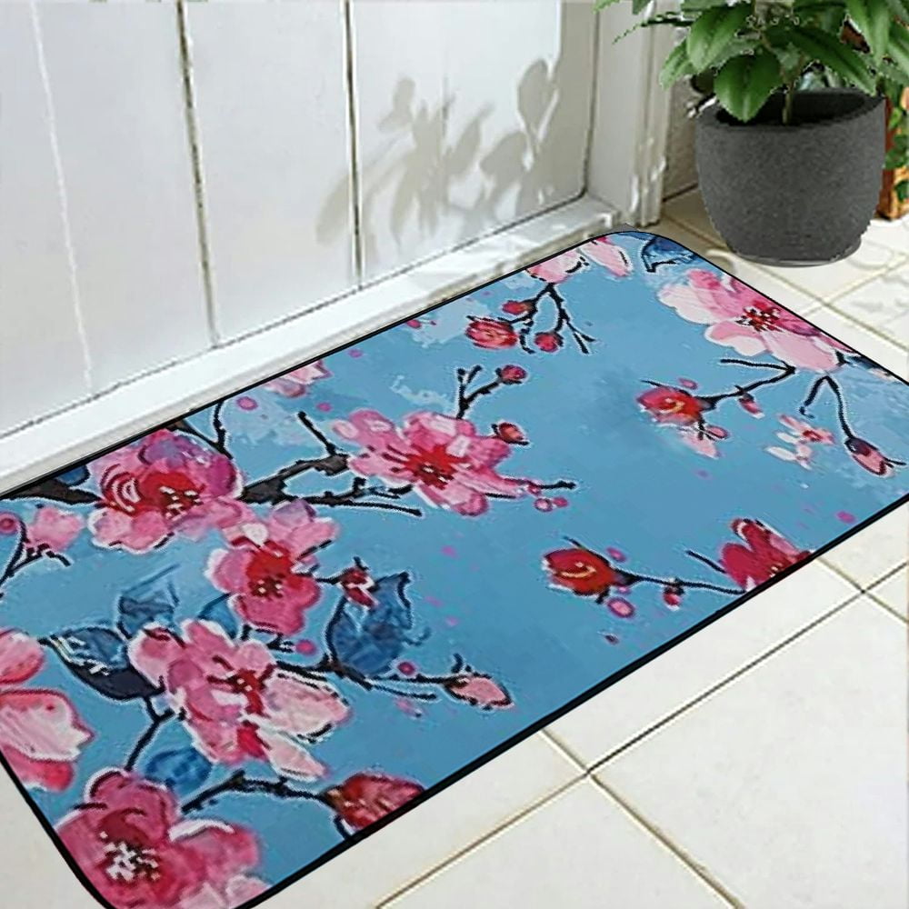 Heduofu Front Door Mat Welcome Mat, Elegant Flower Blooming Non-Slip Absorbent Indoor Door Mats, Durable Rubber Backing Floor Doormat for Entryway, Patio, Porch, Pink Blue 19.68*47.24 in