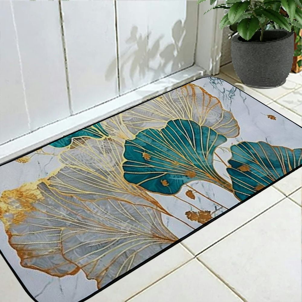 Heduofu Front Door Mat Welcome Mat, Wild Marble Ginkgo Biloba Non-Slip Absorbent Indoor Door Mats, Durable Rubber Backing Floor Doormat for Entryway, Patio, Porch, Gray Teal Gold 19.68*47.24 in