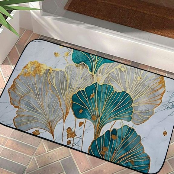 Heduofu Front Door Mat Welcome Mat, Wild Marble Ginkgo Biloba Non-Slip Absorbent Indoor Door Mats, Durable Rubber Backing Floor Doormat for Entryway, Patio, Porch, Gray Teal Gold 19.68*39.37 in