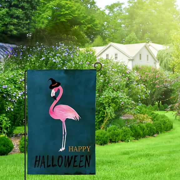 Heduofu Halloween Flamingo Witch Hat Garden Flag Double Sided, Scary Night Pink Bird Yard House Flags Indoor Outdoor Banner for Halloween Day Party Home Decor 12x18in