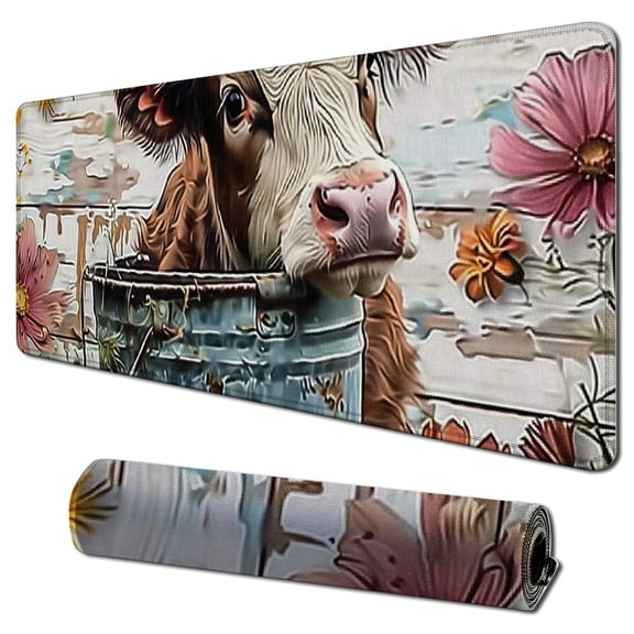 Heduofu Highland Cow Mouse Pad - Floral Mouse Pad, Highland Cow Mouse Pads for Desk, Highland Cow Mousepad with Non-Slip Rubber Base for Laptop Computer Desktop Keyboard 31.5x11.8 in