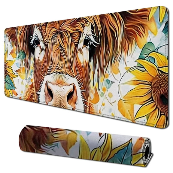 Heduofu  Highland Cow Mouse Pad - Sunflower Mouse Pad, Highland Cow Mouse Pads for Desk, Highland Cow Mousepad with Non-Slip Rubber Base for Laptop Computer Keyboard Desktop 31.5x11.8 in