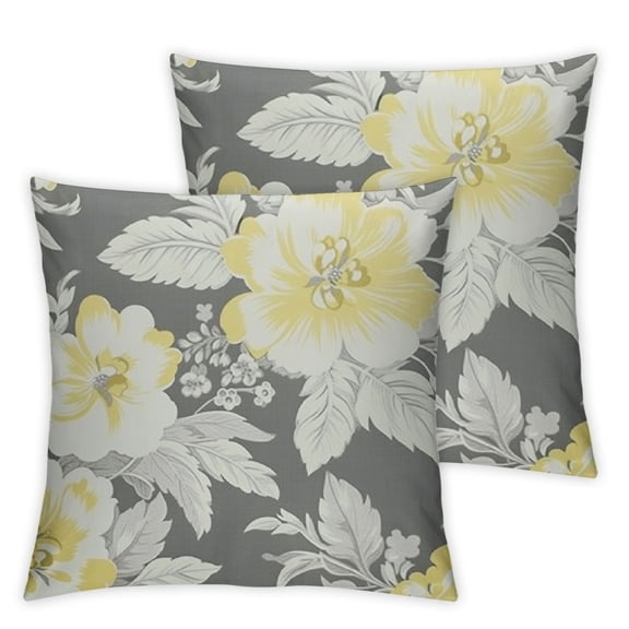 Heduofu  Home Decoration Throw Pillow Covers Yellow Gray White Floral Pillowcases Square Two Sides Print Set of 2 White