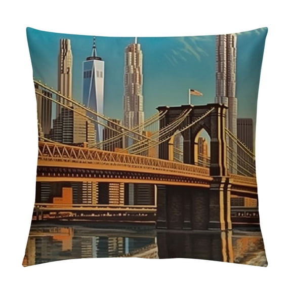 Heduofu Lumbar Pillow Cover Street Blue Bridge Famous Downtown New York Brooklin Parks City Fall Throw Pillow Case Linen Cushion Cover for Sofa White