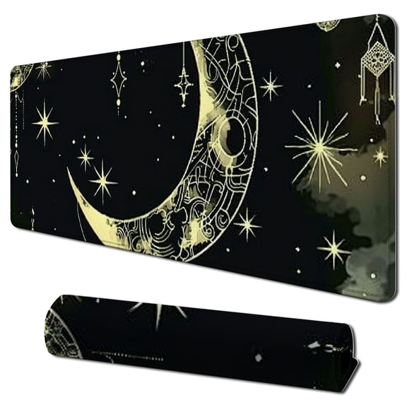 Heduofu Mandala Mouse Pad Boho Moon Star Black and White Customized Premium-Textured Mouse Mat,Washable Mousepads with Lycra Cloth, Non-Slip Rubber Base Small Mousepad 31.5x11.8 in