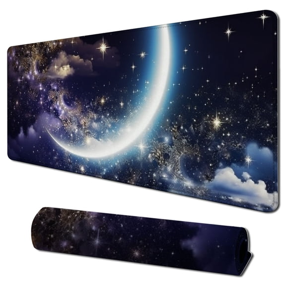 Heduofu Moon Space Night Keyboard Mouse Pad Desk Mat Blue Cute Cloud Mousepad+Keyboard Wrist Rest+Mouse Wrist Rest+Coaster Ergonomic Design for Home Office Computer 31.5x11.8 in