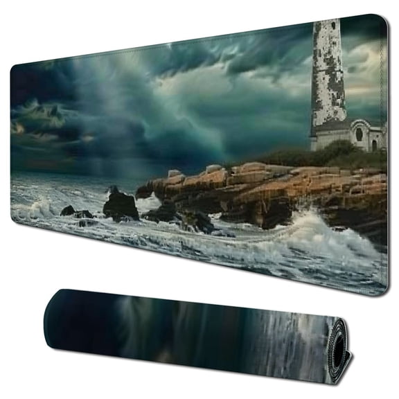 Heduofu Mouse Pad Coastal,Ocean Wave Shore Lighthouse Wood Pier Rectangle Mousepad Non-Slip Rubber Base Computer Mouse Pad for Laptop, Office, Home -  31.5x11.8 in
