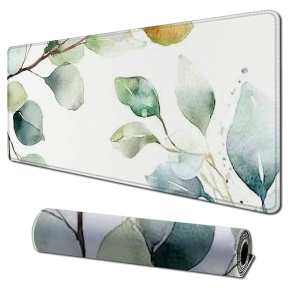 Heduofu Mouse Pad, Grass Leaves Mouse Pad Mat, Green Pattern Art Non-Slip Rubber Base Mousepad with Designs, Green Watercolor Plant 31.5x11.8 in