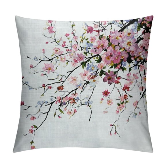 Heduofu Nature Throw Pillow Cushion Cover, Cherry Blossoming Falling Petals Flowers Springtime Park Simple Illustration Print, Decorative Square Accent Pillow Case 12x12in