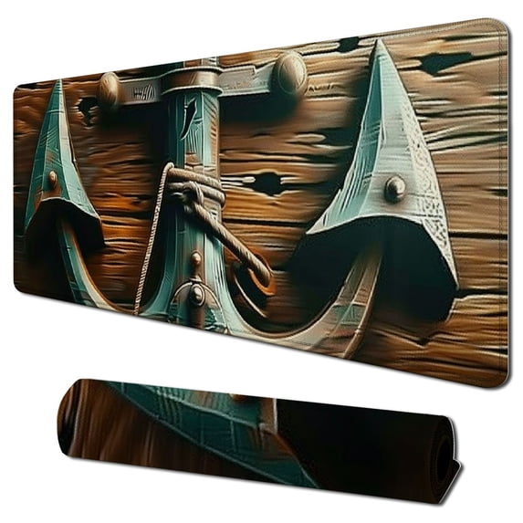 Heduofu Nautical Mouse Pad, Anchor with Sailing Ship Through Waves Abstract Ocean Adventure Scene, Rectangle Non-Slip Rubber Mousepad, Standard Size, Sand Brown Dark Teal 31.5x11.8 in