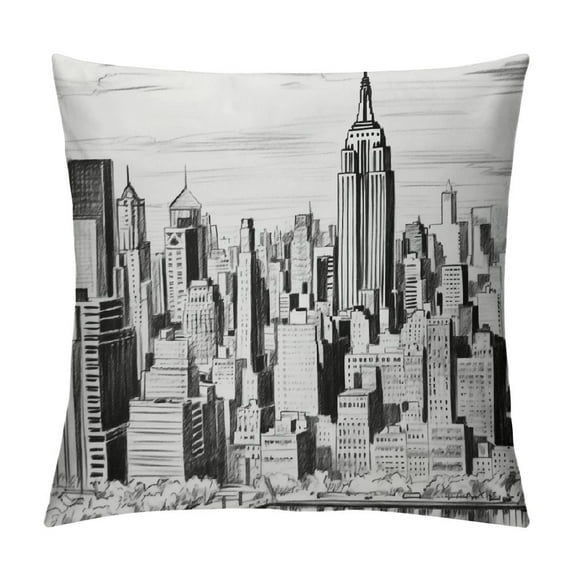 Heduofu New York Throw Pillow Cushion Cover, Vintage Hand Drawn Urban Scenery with Skyscrapers Sketch Style Downtown, Decorative Square Accent Pillow Case, Charcoal Grey White