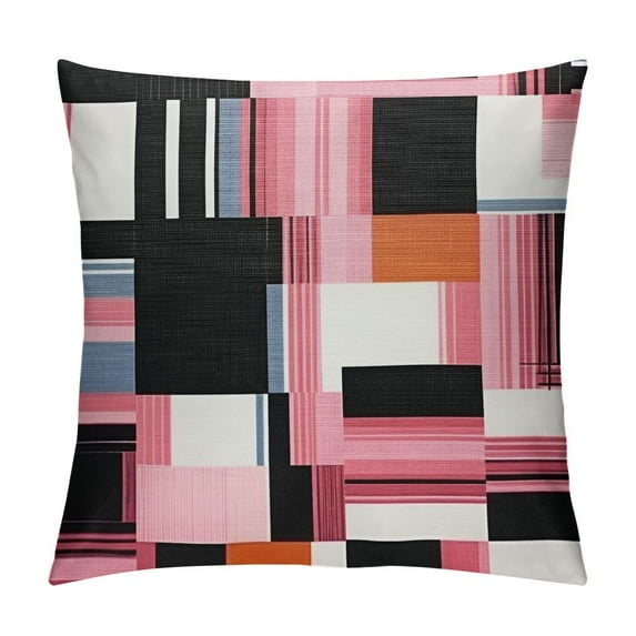 Heduofu Pink Black Grid Throw Pillow Cover Abstract Watercolor Plaid Stripes Decor Pillow Case for Girls Women Adults Modern Simple Geometric Lines Print Cushion Cover for Couch