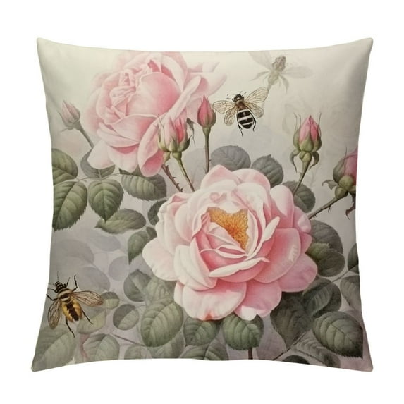 Heduofu Pink Rose Floral Pillow Covers Watercolor Vintage Flower Leaf Bee Print Throw Pillows Modern Art Farmhouse Square Cotton Cushion Case Decor for Sofa Couch Bed White