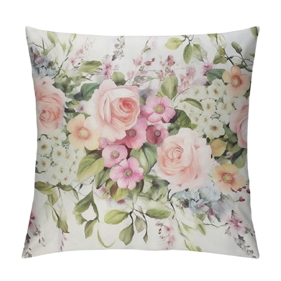 Heduofu Pink Vintage Decorative Pillow Covers, Pink Flowers and Leaves On Beige Watercolor Floral Double Sided Throw Pillow Covers Sofa Cushion Cover Square 16 Inches White