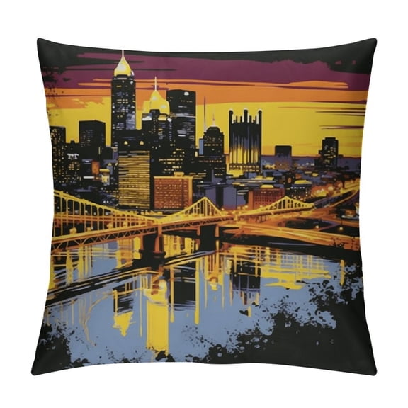Heduofu Pittsburgh Downtown Skyline in Black and Yellow Throw Pillow White
