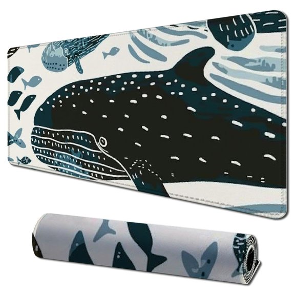 Heduofu Rectangular Mouse Pad, Non-Slip Rubber MousePads for Office Home Laptop, Black Abstract with Nautical Sea Animal Fur Seal Whale in Pastel Colors Blue 31.5x11.8 in