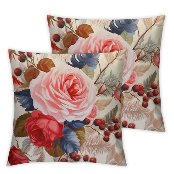 Heduofu Red Plant Floral Throw Pillow Covers,Pink Flowers Autumn Flowers Decorative Pillow Covers Digital Printing Blended Fabric for Couch Sofa Bed Invisible White