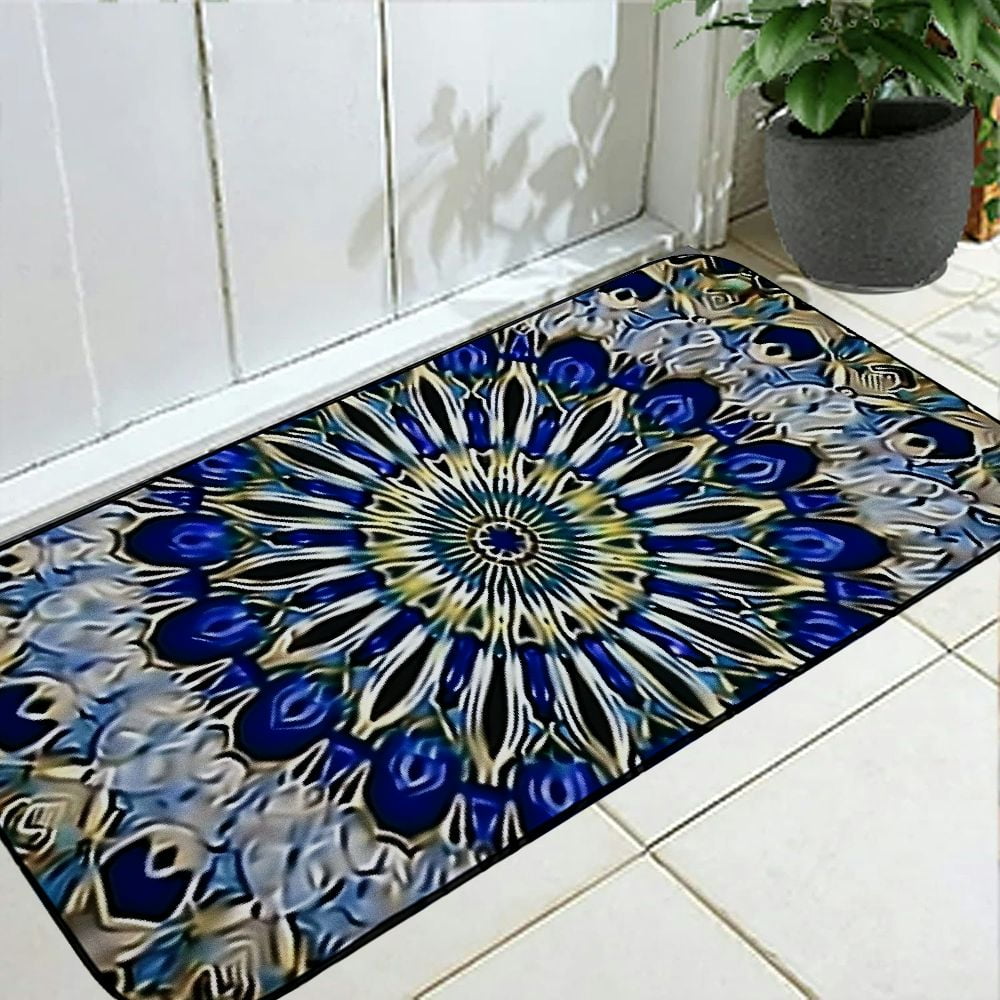 Heduofu Sheila Wenzel-Ganny Bohemian Blue Gold Mandala Welcome Mat, Decorative Door Mat, Door Mat with Non-Slip Rubber Backing, Cleaning, Traps Dirt, for Entry, Patio, Garage 19.68*47.24 in