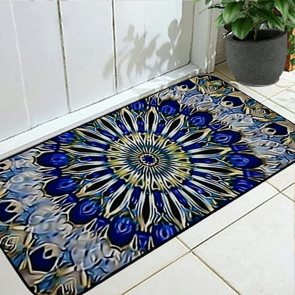 Heduofu Sheila Wenzel-Ganny Bohemian Blue Gold Mandala Welcome Mat, Decorative Door Mat, Door Mat with Non-Slip Rubber Backing, Cleaning, Traps Dirt, for Entry, Patio, Garage 19.68*47.24 in