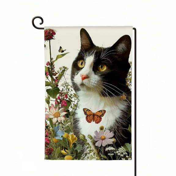 Heduofu Spring Cat Garden Flag Floral Tuxedo Cat Garden Flags for Outside Summer Flower Outdoor Flag Small Farmhouse Welcome Yard Flag White