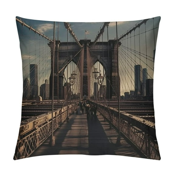 Heduofu Throw Pillow Case Traffic Tourist Brooklyn Bridge Morning USA Sky Bicycle Downtown Skyline Vintage Design Motion Polyester Square Pillow Cushion Covers for Couch Home Decorations White
