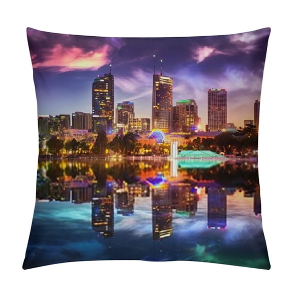 Heduofu Throw Pillow Cover Decor Cases Square American Orange Cityscape Orlando Florida Downtown City America EOLA Lake Night Scene Zippered Cushion Case Home White