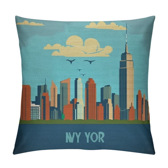 Heduofu Throw Pillow Cover New York City Pattern,American Downtown Building Landmarks Skyscraper Statue of Liberty Decorative Pillow Cases Square Cushion Covers for Home Sofa Couch White