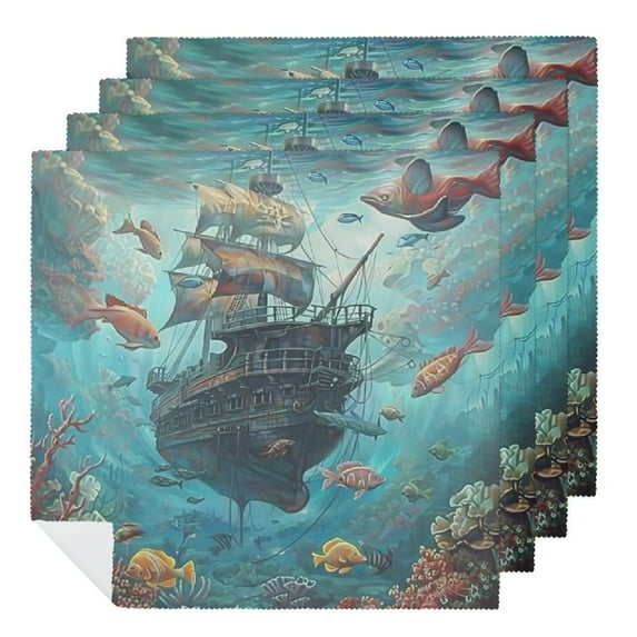 Heduofu Underwater Fish Ship Sailing Cloth Napkins, Dinner Napkins Washable Reusable Polyester Table Napkins for Parties, Weddings and Dinners 2 PCS