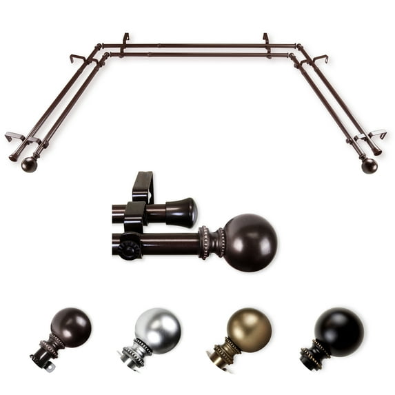Hedwig 13/16" Double Bay Window curtain rod Adjustable 20"-36", 38"-72" - Cocoa,(ABay-83-7D)