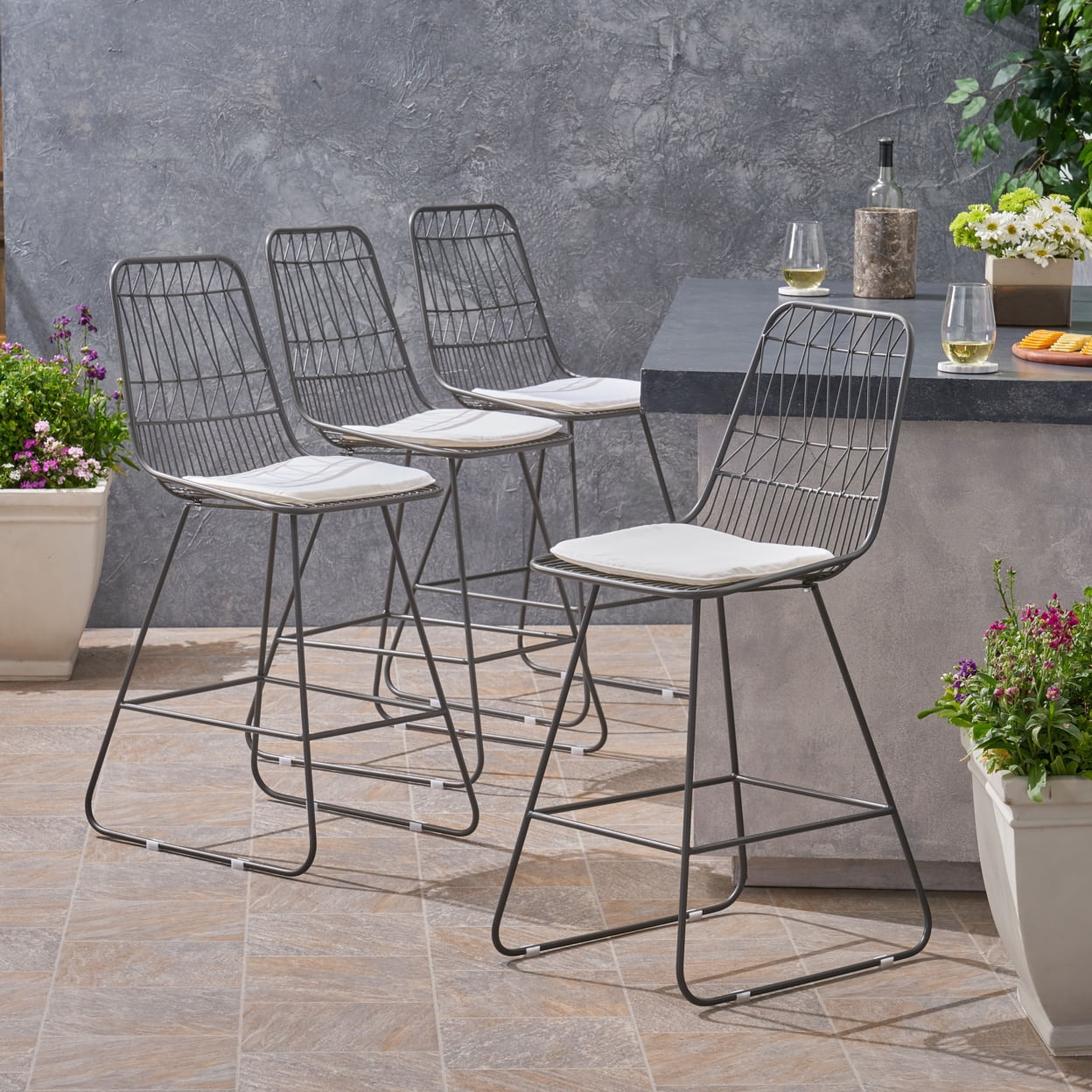 Hedy Black Iron Outdoor Counter Stools with Ivory Cushions, Set of 4