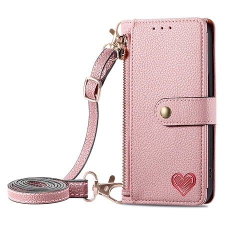Hee Hee Smile Phone Case for Honor X50i Plus Leather Wallet Shell Love with Long Hanging Rope Flip Case Zipper Phone Cover