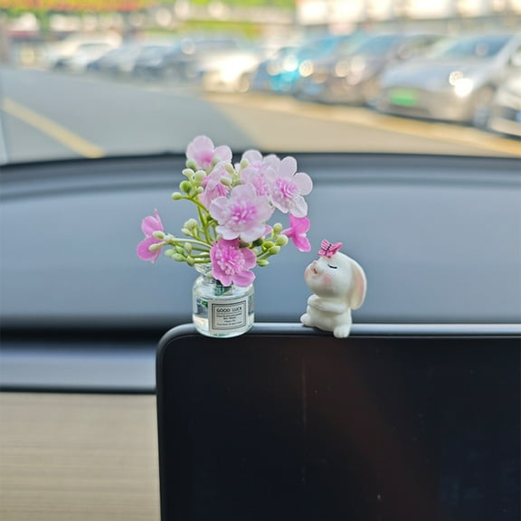 HeeHom Cute Bunny Flower Car Decor for Women - Dashboard Mirror Ornament Accessories, Kawaii Car Interior Decorations Gifts