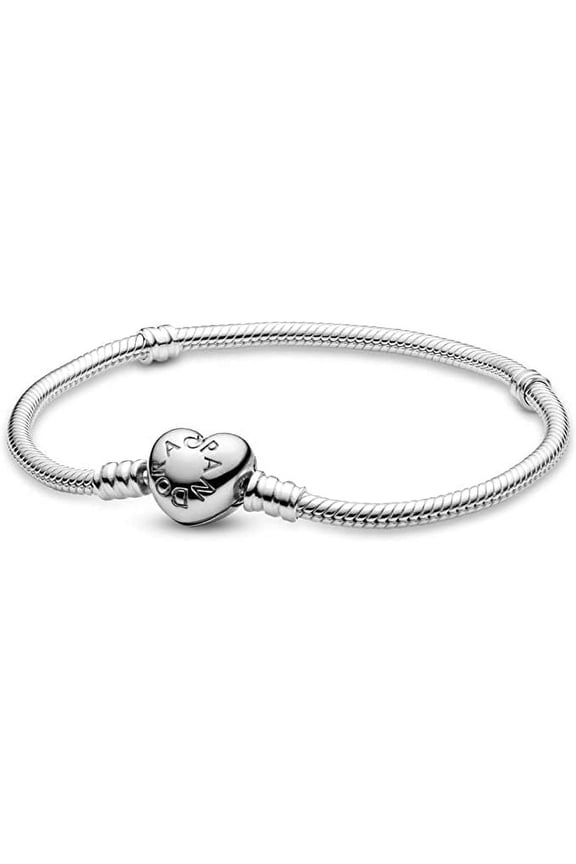 Heart Clasp Snake Chain Jewelry Moments Charm Bracelet in Silver for Women 19 Cm, Mother's day Sterling Silver Snake Chain Bangle Barrel