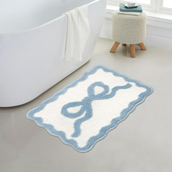 HeeHom Luxury Plush Bathroom Rug with Bow Design, Super Absorbent Non Slip Shower Mat, Soft Microfiber Bath Carpet for Bathroom Bedroom Kitchen, Quick Dry Aesthetic Decor with Scalloped Edges