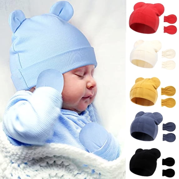 HeeHom Newborn Baby Hats and Mittens Set, Winter Bear Ears Beanies No Scratch Mittens for Infant Boys Girls Newborn Fetal Cap Anti Scratch Gloves, Baby Caps, Baby Gloves
