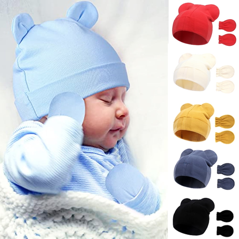 Babyhug 100% Organic Woollen Bear Cap & Mittens With Strips Design Red - Diameter 9.5 cm