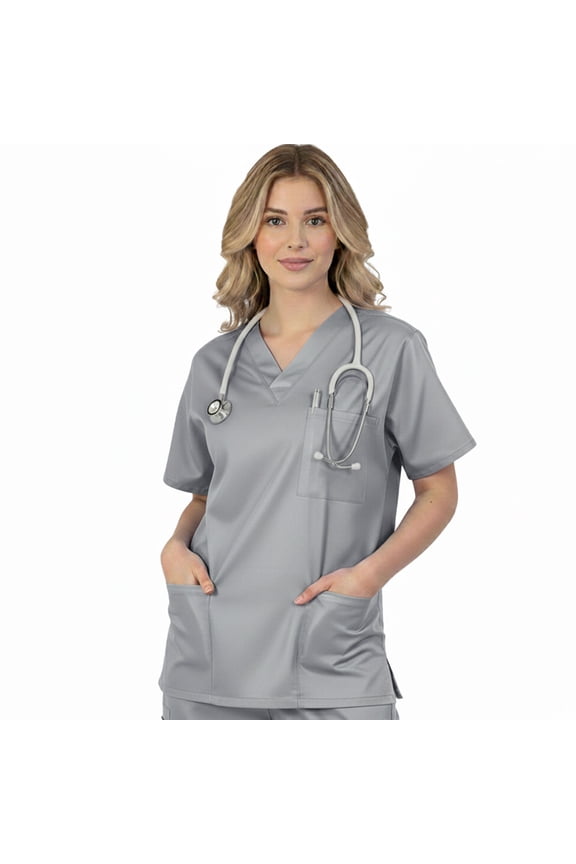 Unisex Scrub Top, V-Neck, Multiple Pockets, m, Silver Grey