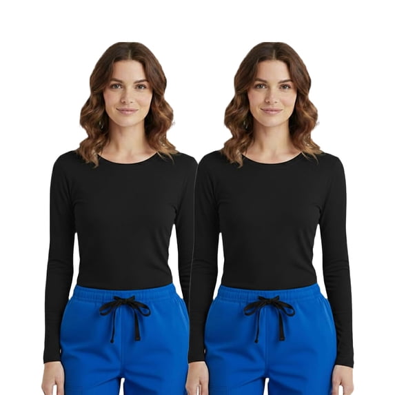 HeedFit Women’s Long Sleeve Underscrub Tee, Soft Stretch Breathable, 2-Pack s, Black