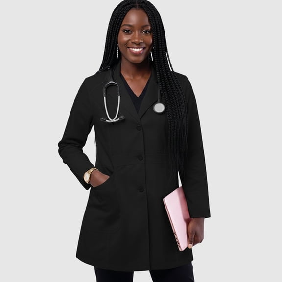 HeedFit Women’s Poly-Cotton Multi-Pocket Lab Coat, 32", L, Black