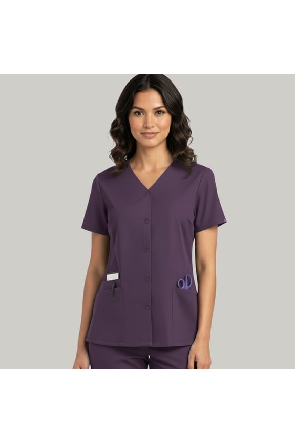 Women’s Snap Front Scrub Top, V-Neck, 3 Pockets, Short Sleeve, m, Purple