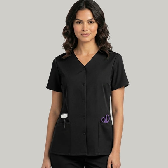 HeedFit Women’s Snap Front Scrub Top, V-Neck, 3 Pockets, Short Sleeve, s, Black